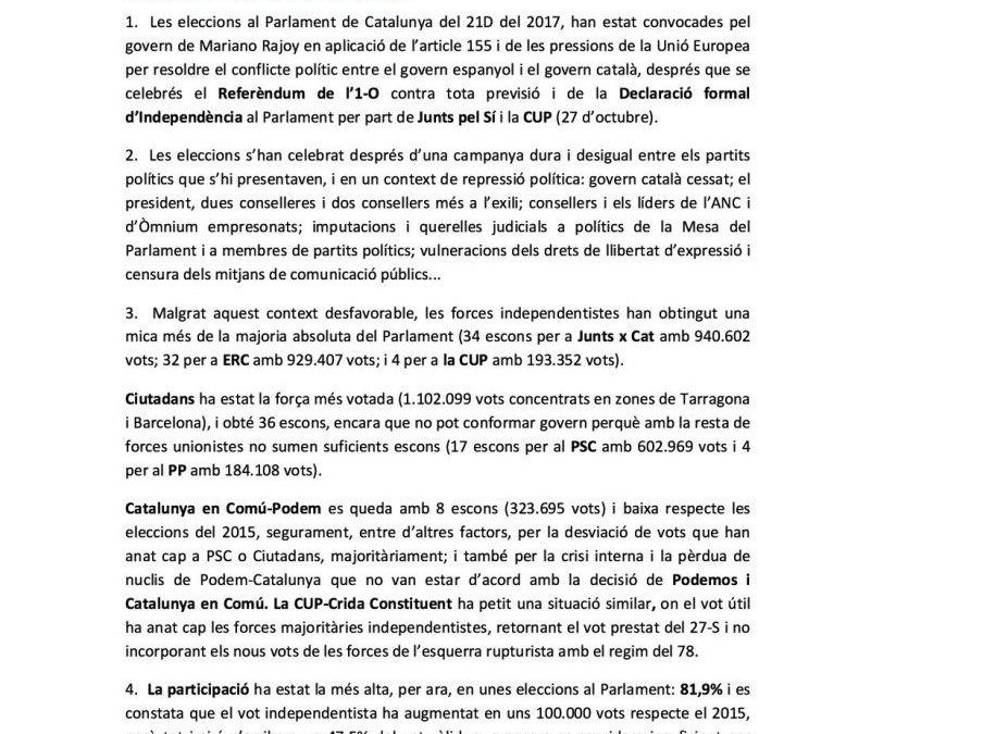 Posicionament desprès eleccions 21-D